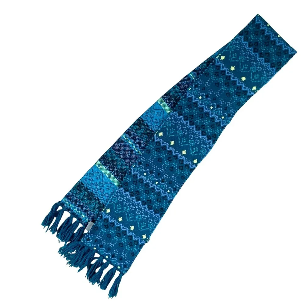 Eddie Bauer Fair Isle Blue‎ Green Fairisle Boho Fringe Scarf Rectangle Knit long